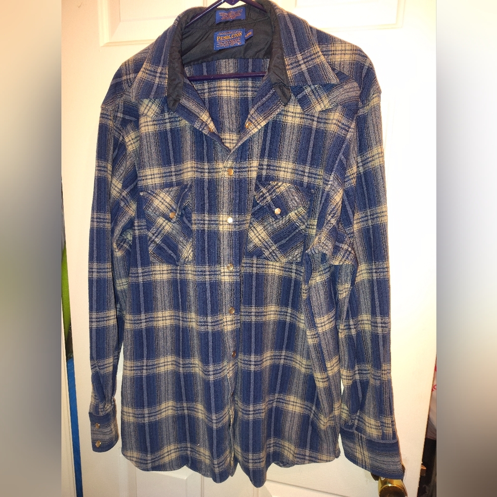 Pendleton Blue and Cream Plaid Flannel Wool Shirt
